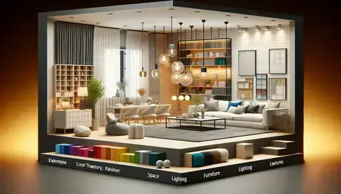 Modern living room illustrating interior design basics with color samples, furniture layout, lighting setups, and texture displays.