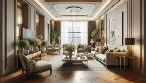 Modern living room interior design with elegant furniture, stylish decor, large windows, and a harmonious color scheme.