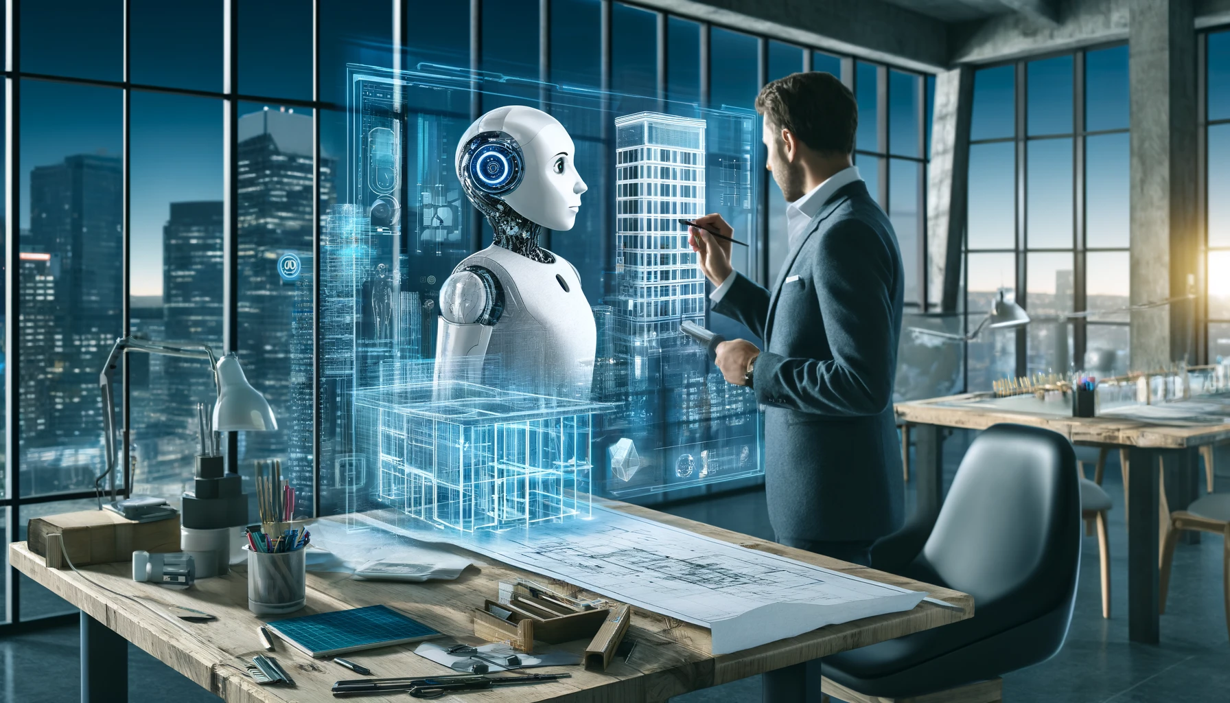 A futuristic scene of an architect collaborating with an AI assistant on a digital holographic display, sketching a building design with real-time data and suggestions.