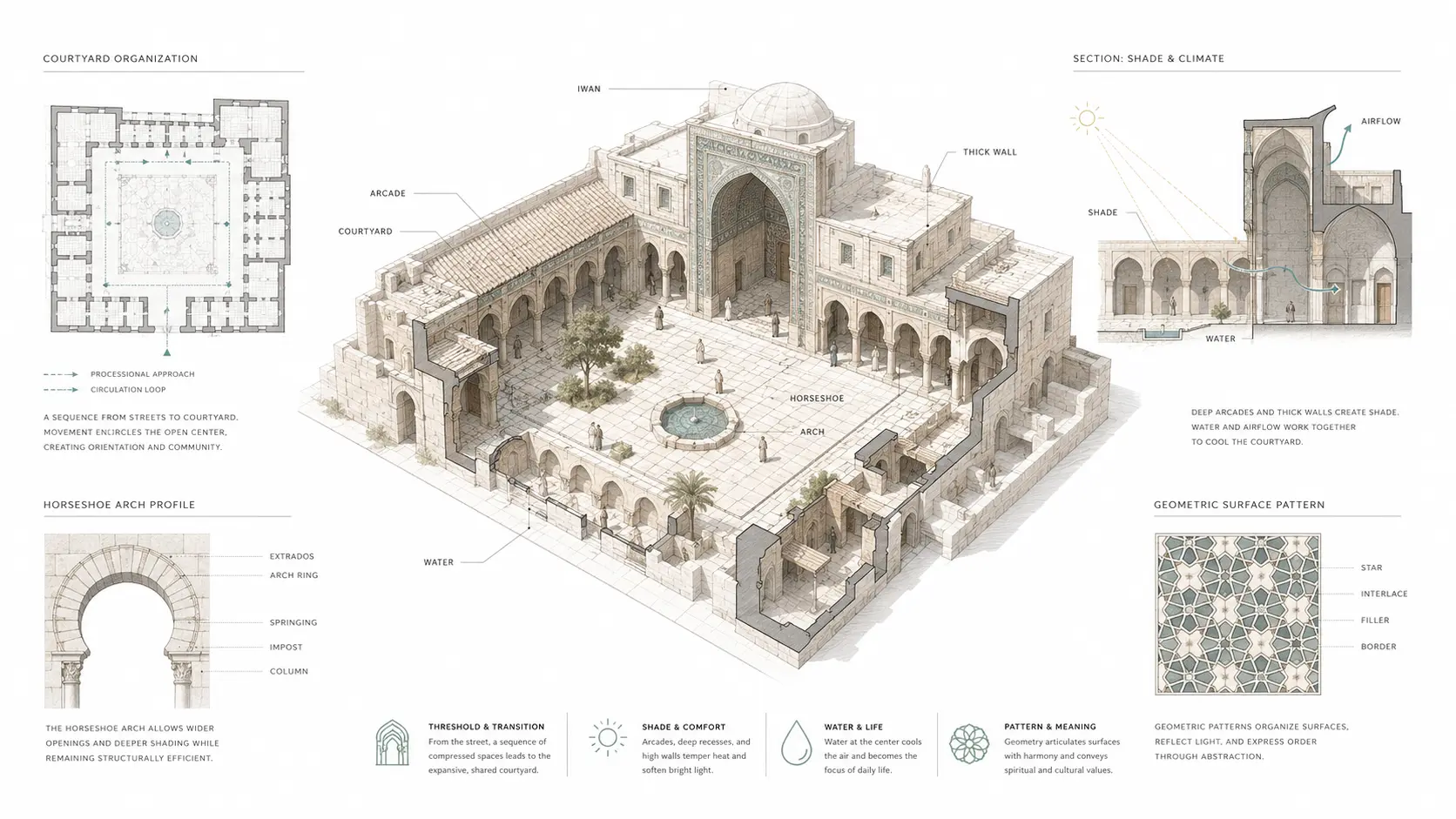 Diagram showing an Islamic medieval courtyard building with arcades, an iwan, horseshoe arches, water, shaded passages, airflow, and geometric surface pattern.