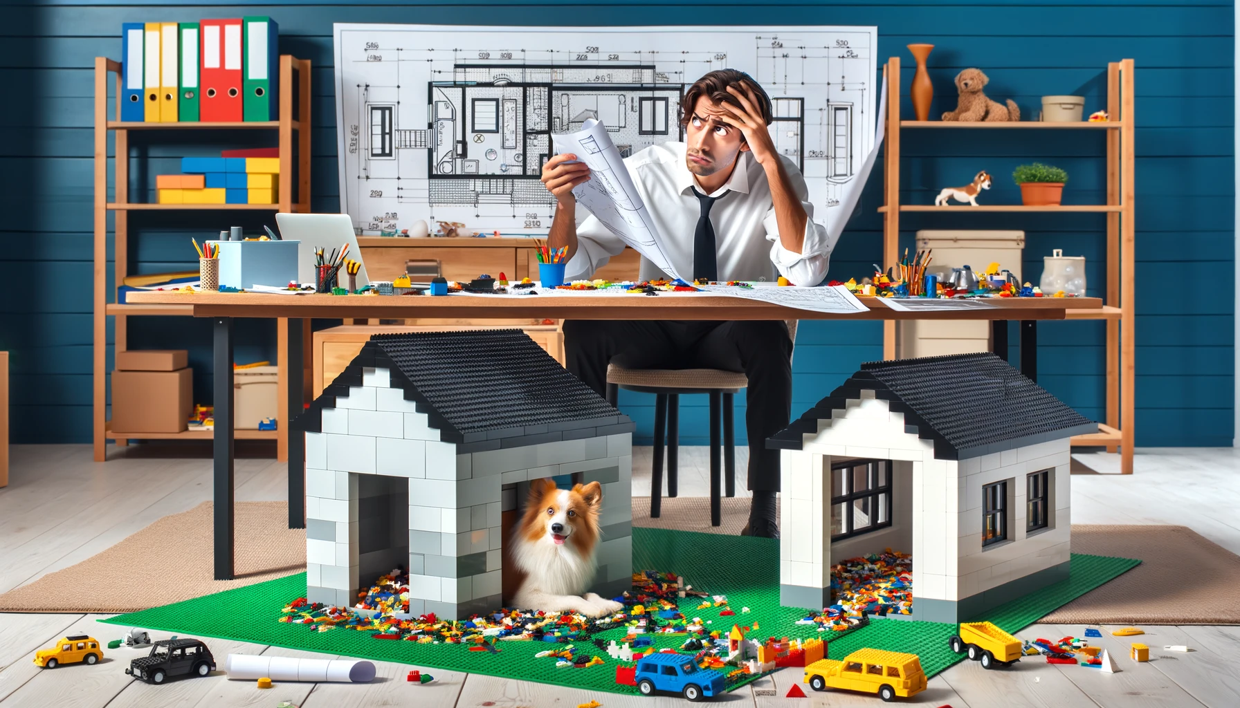 Architect designs house with blueprint amidst colorful pieces, humorously.