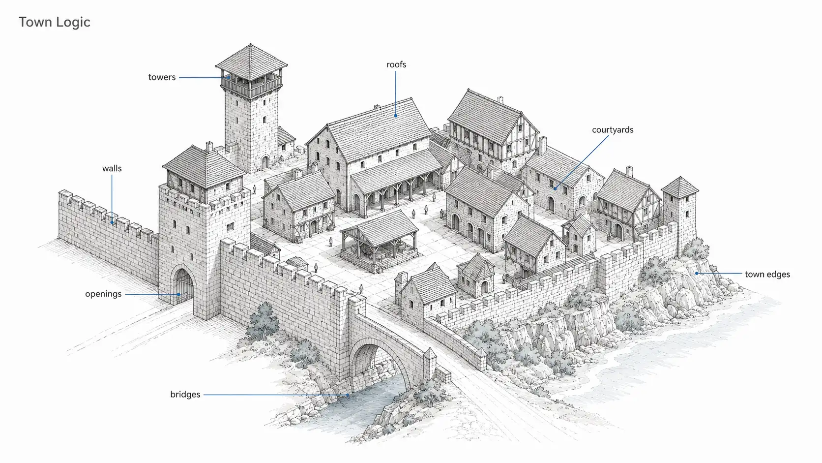 A diagram of a medieval town showing walls, towers, openings, roofs, courtyards, bridges, and town edges as connected parts of the settlement.