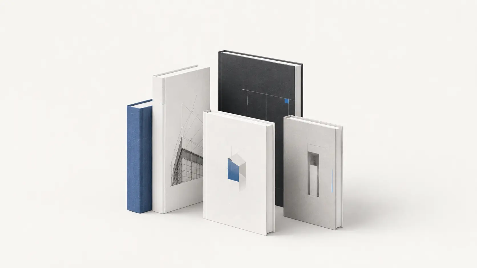 A restrained architectural reading-list image showing curated design books, portfolios, and reference volumes.