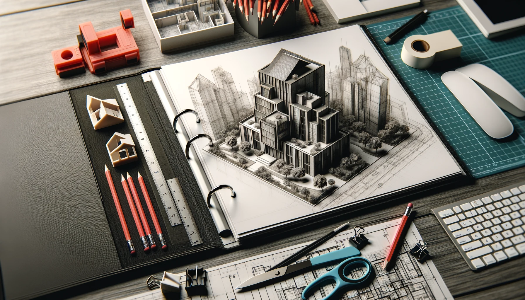 Student portfolio showcasing architectural sketches and 3D models.