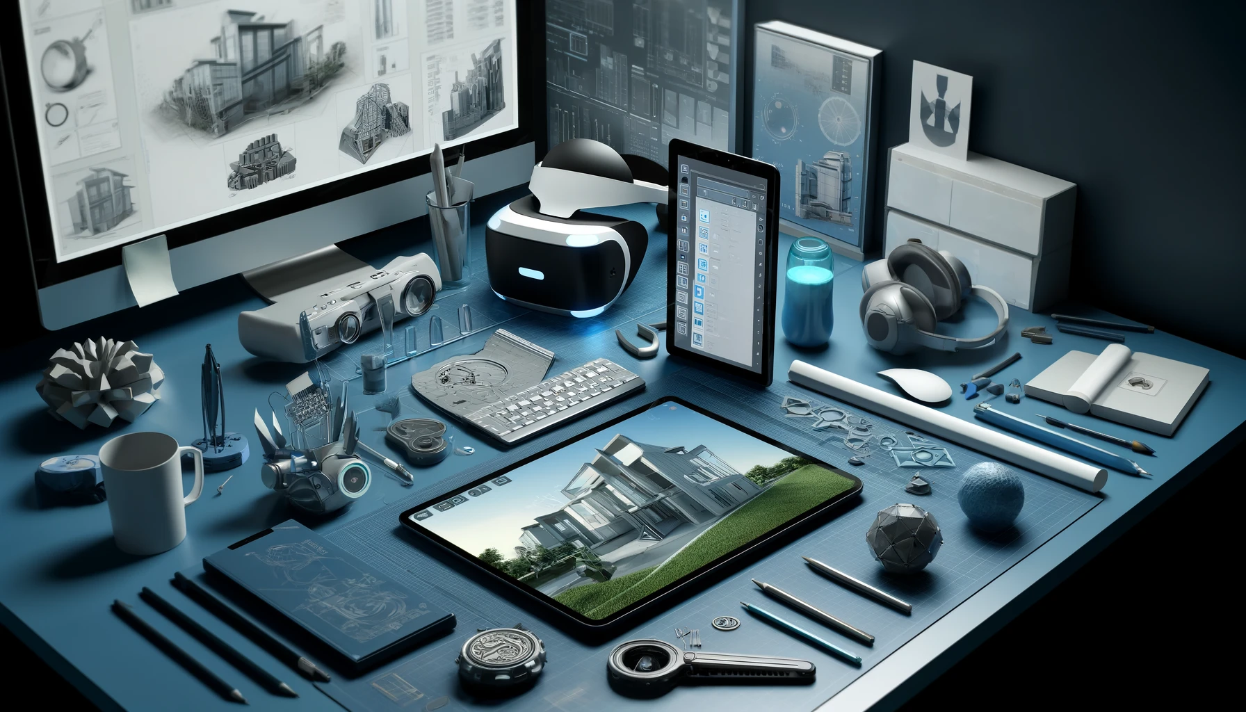 Modern workspace with a digital tablet, 3D printer, VR headset, and AI design software for architecture.