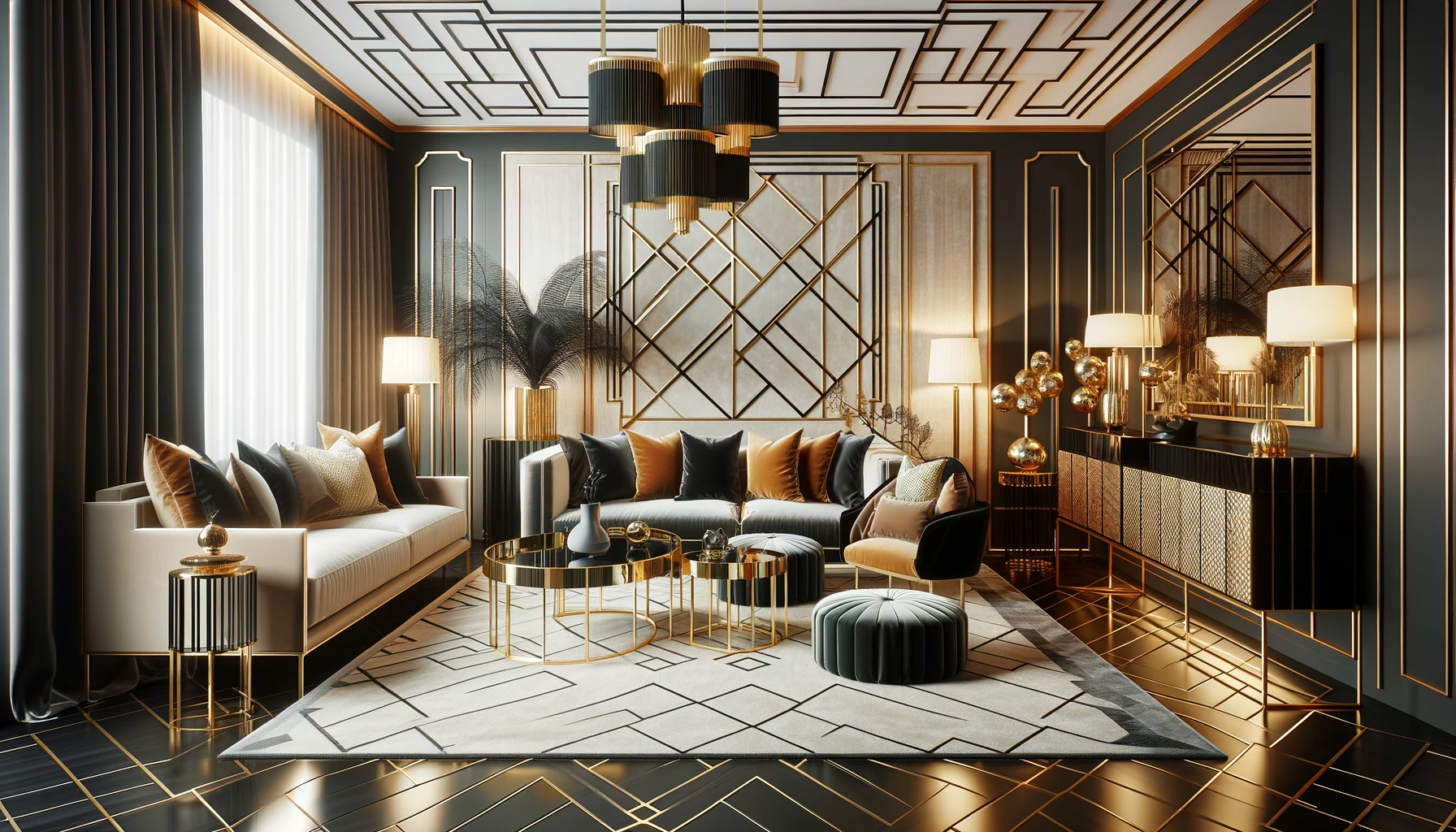 Art deco living room with geometric patterns, velvet, brass, black and gold colors, and a statement chandelier.