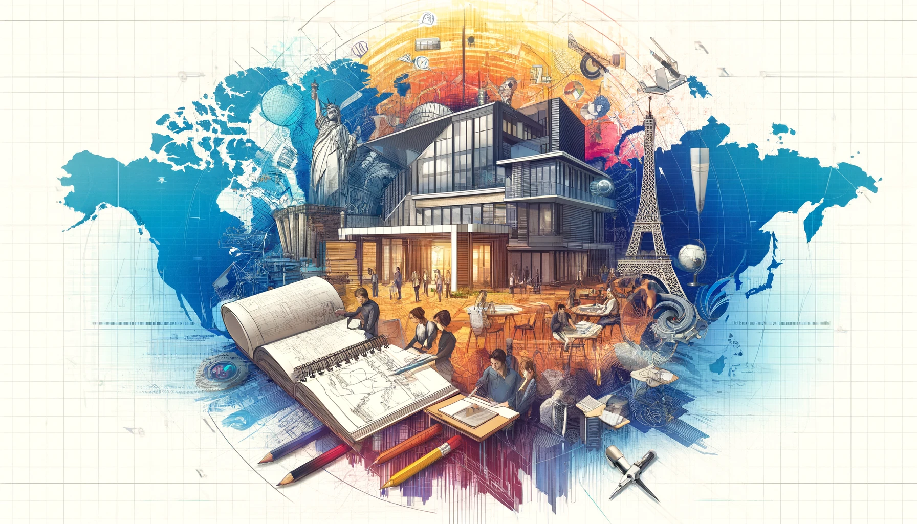 A graphic depicting a modern architectural school with students and iconic landmarks.