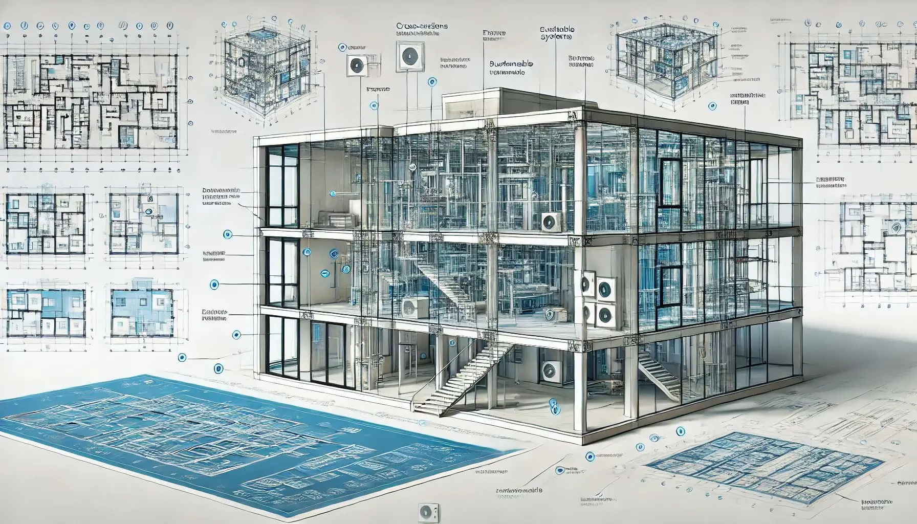 Blueprint of a modern building highlighting various structural systems and technologies.