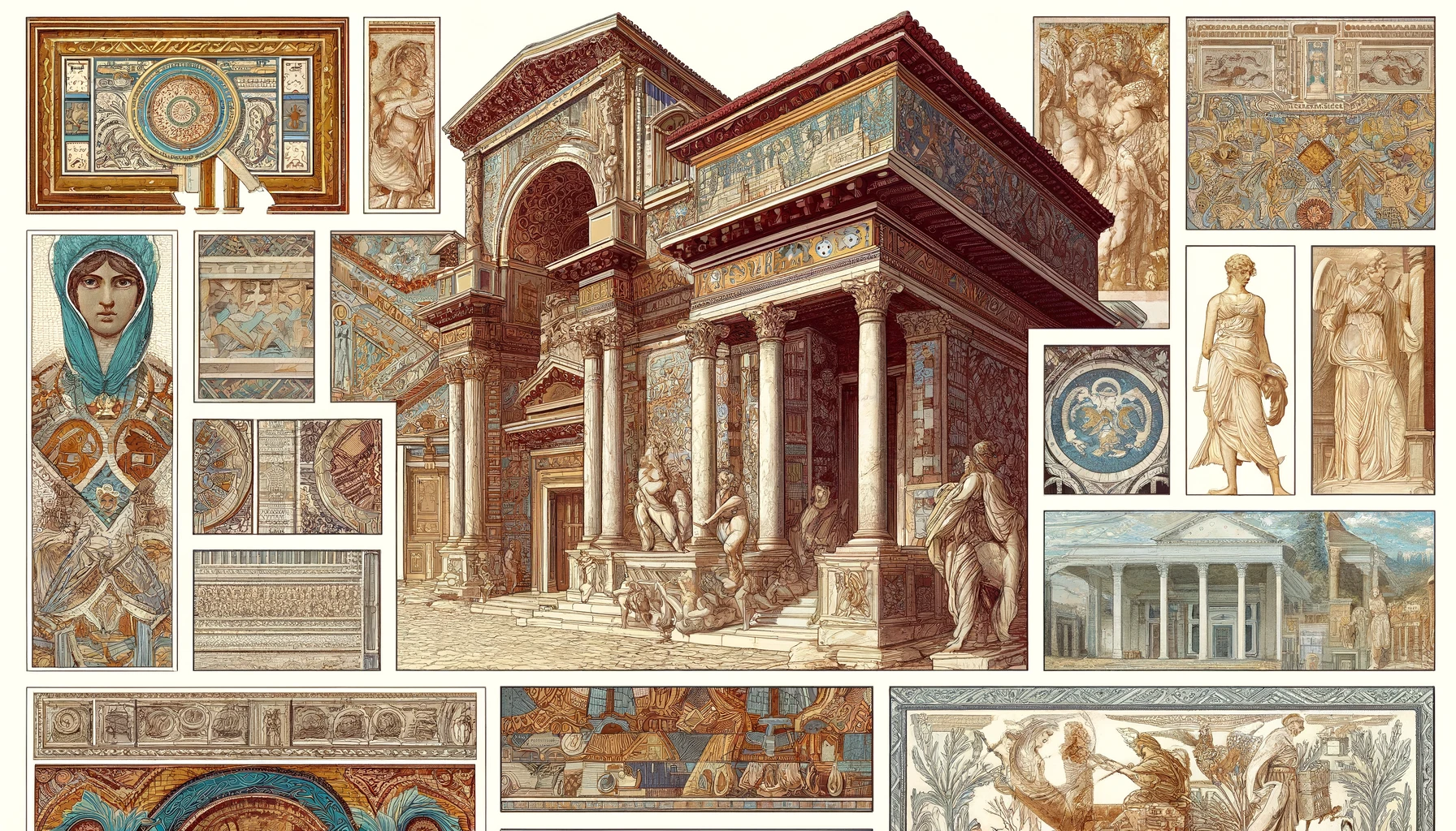 Illustration of decorative elements in Ancient Roman architecture, including mosaics and frescoes.