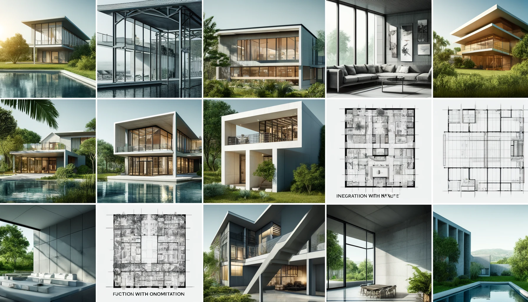 Collage of sleek buildings, minimalist interiors, and integration with nature.
