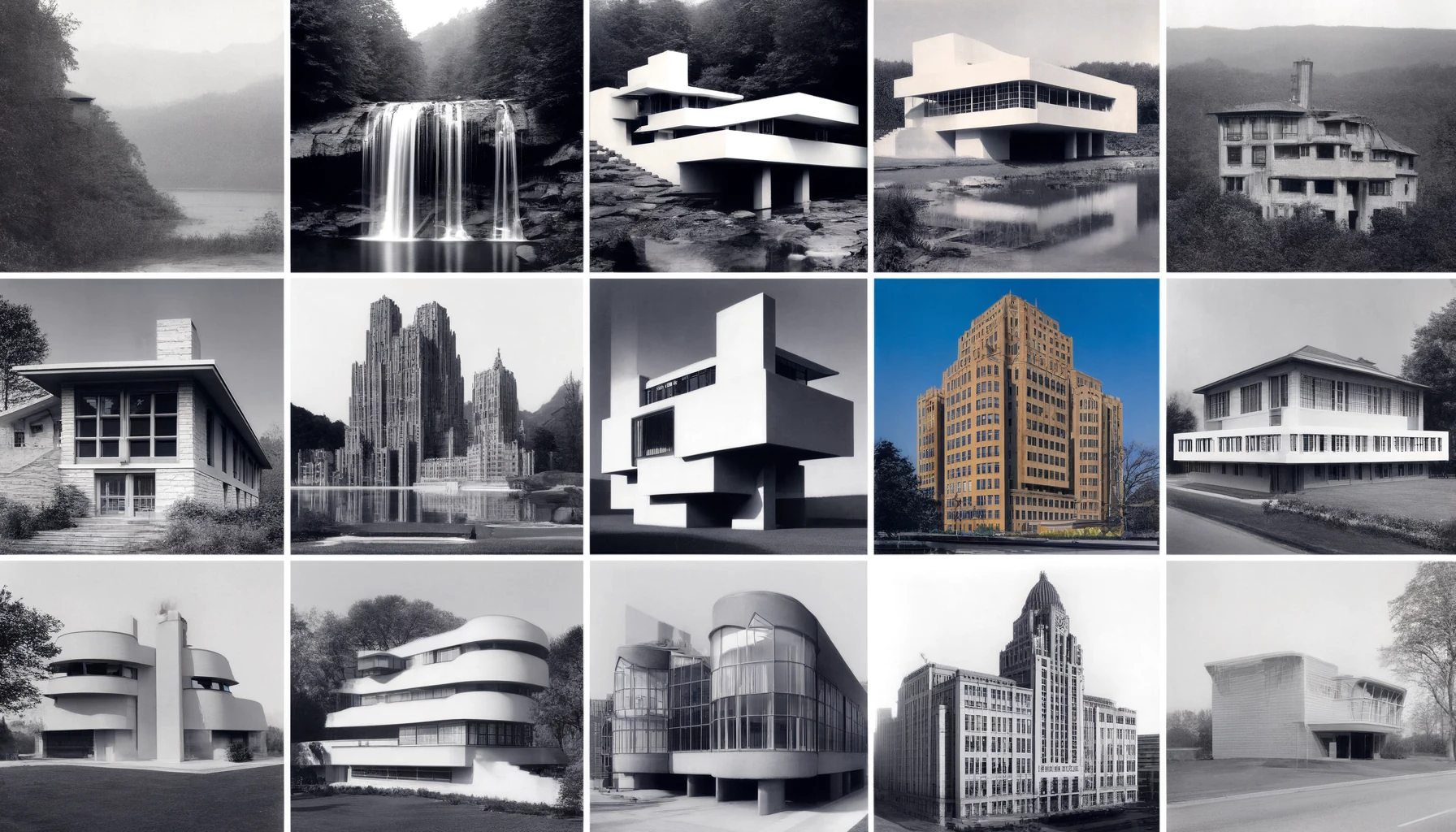 Collage of Fallingwater, Villa Savoye, Seagram Building, and Bauhaus School.