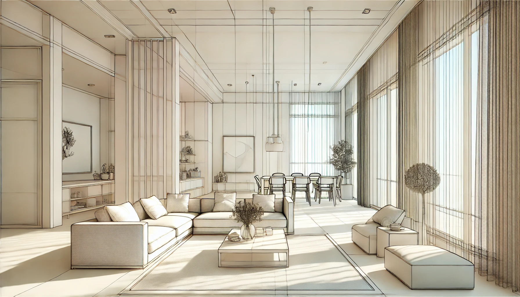 Modern home design in pastel colors with large windows and minimalistic furniture.