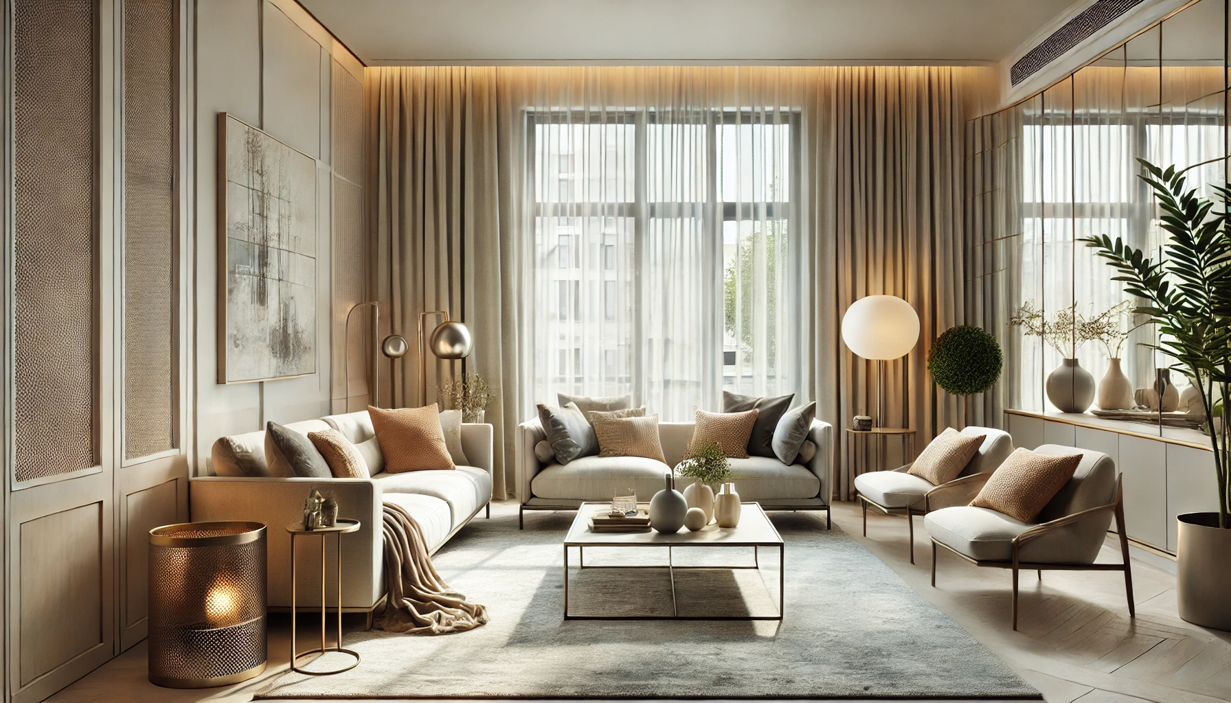 Modern living room with neutral colors and light, airy feel.