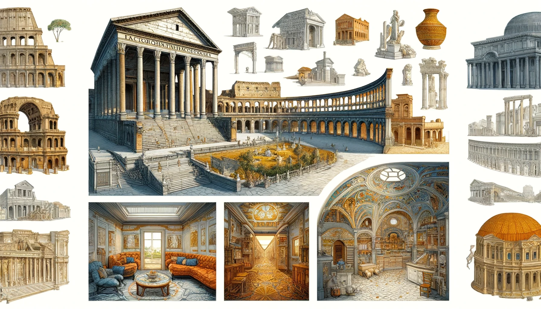 Illustration of Roman architecture and interior design, featuring iconic structures and luxurious villa interiors.