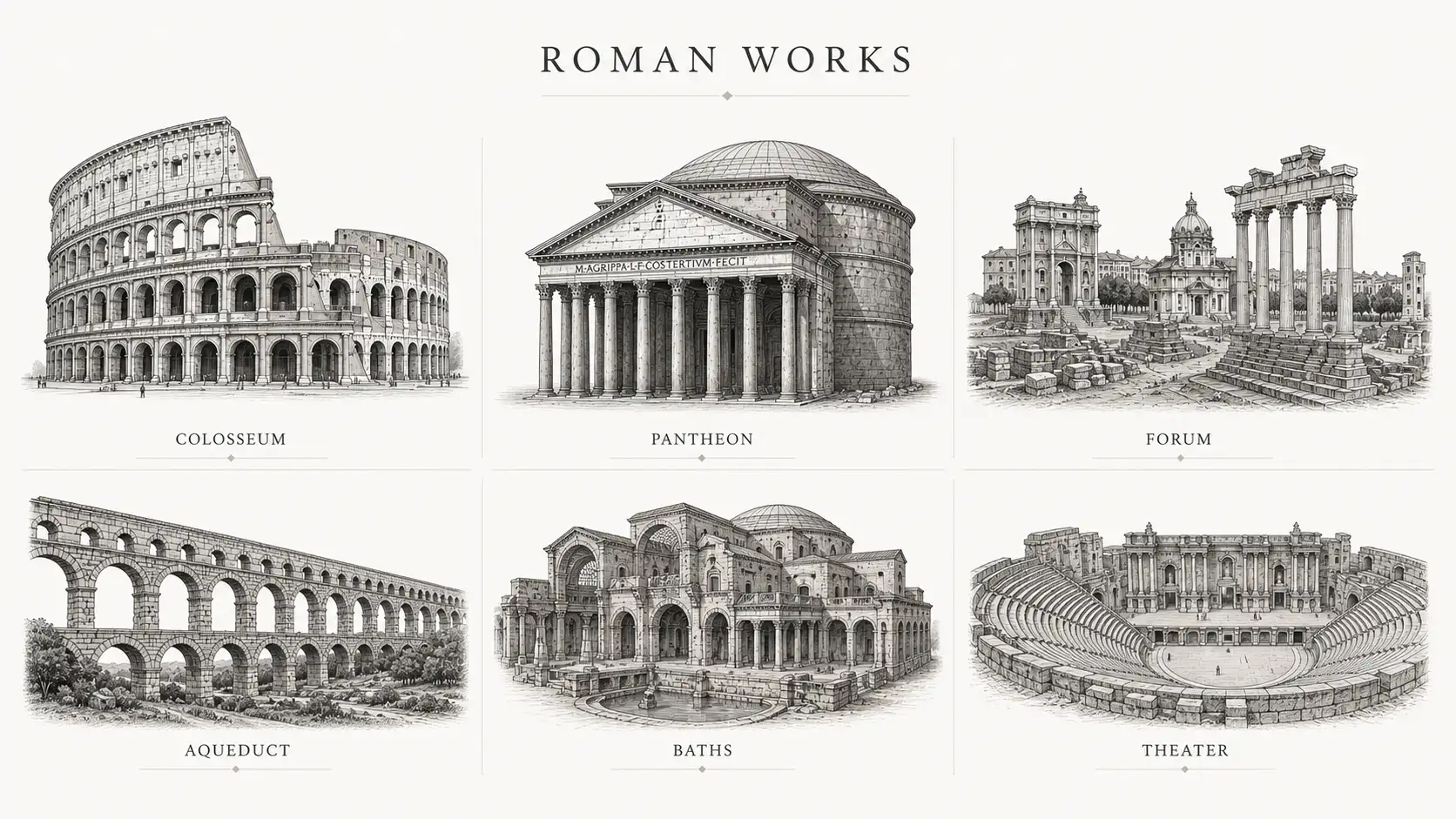 ajor architectural works of ancient Rome, including the Colosseum, Pantheon, Forum, Aqueduct, Baths, and Theater.