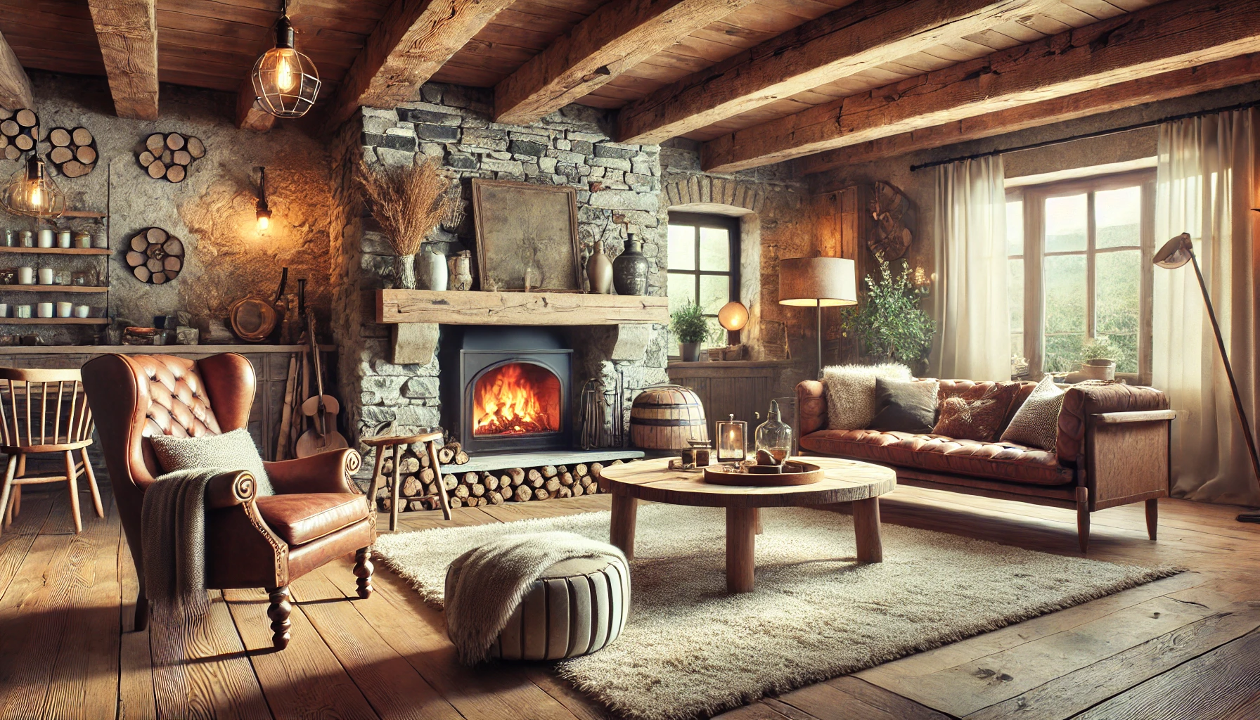 Rustic living room with stone fireplace, wooden beams, leather armchair, and reclaimed wood coffee table.