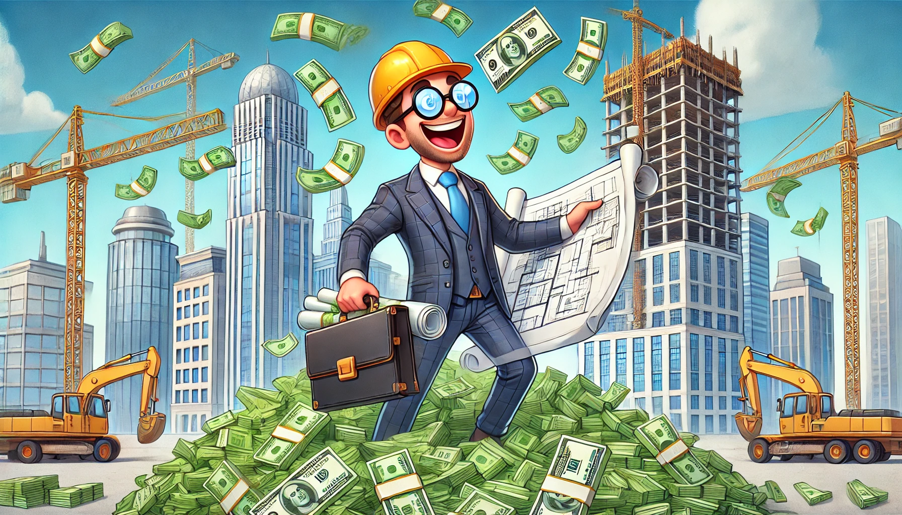Cartoon of a successful architect in a suit, surrounded by money and modern buildings, in light colors.