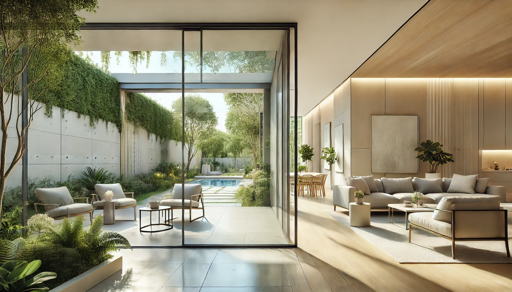 Modern light-colored living room seamlessly integrated with an outdoor patio featuring large sliding doors.