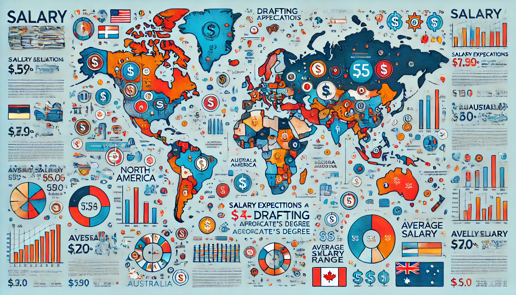 A detailed infographic illustrating the salary expectations for individuals with a Drafting Associate's Degree across various countries.