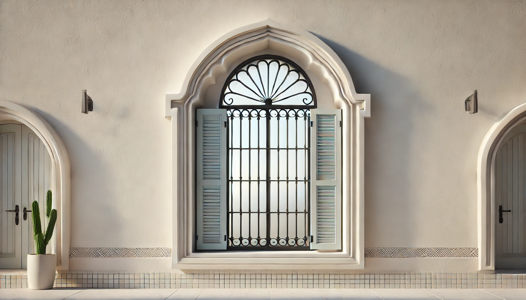 A hacienda style window with minimalist wrought iron grille.