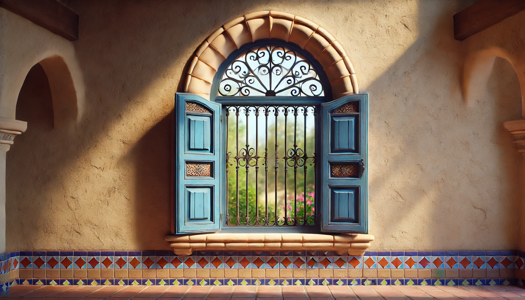 A modern hacienda style window with arched top example.