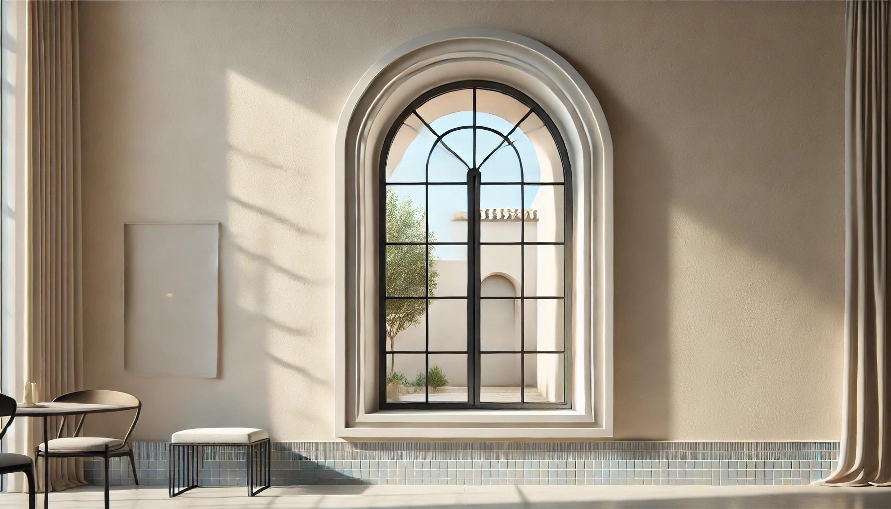 Modern Hacienda-style window in a home with pastel shutters and minimalist grilles in a light stucco wall.