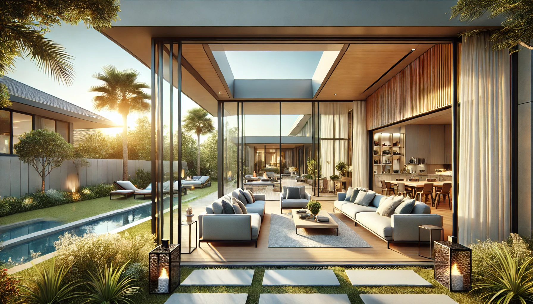 A modern home with large glass doors fully opened connecting the indoor living room with outdoor patio.