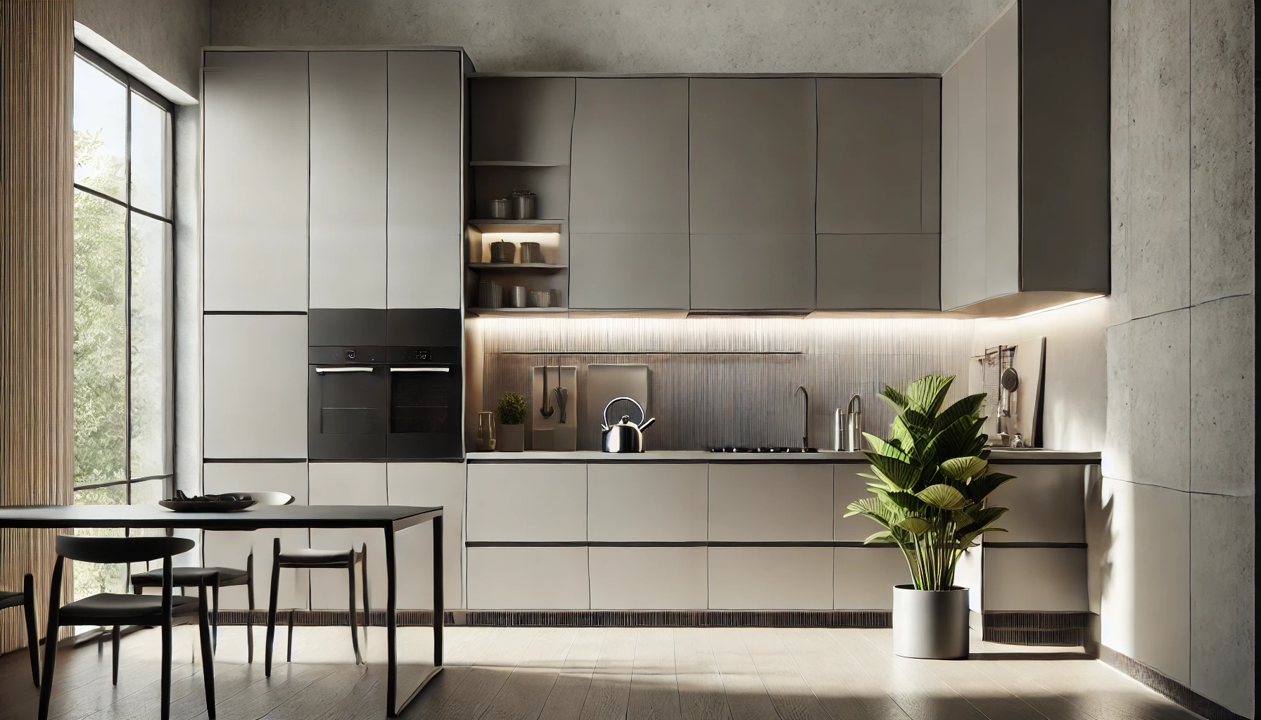 A modern minimalist kitchen with sleek cabinets and stainless steel appliances.