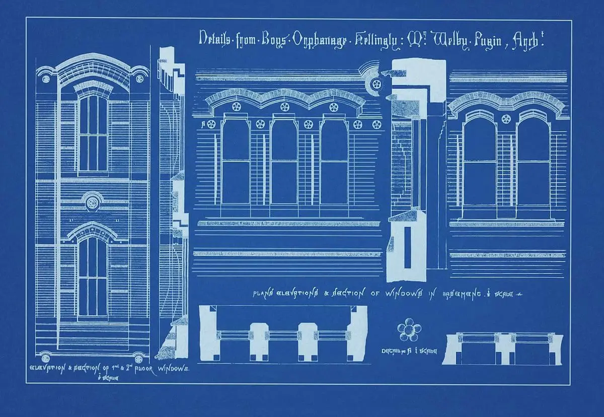 An old classic blueprint construction detail sheet.