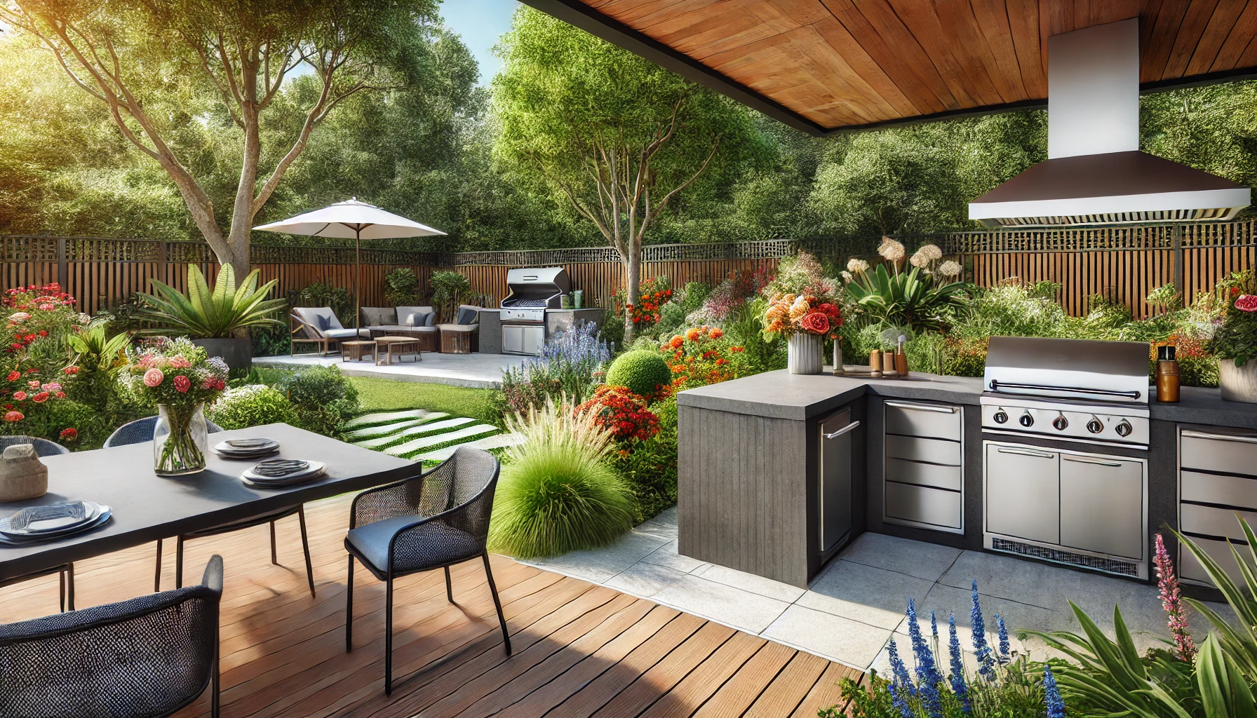 An outdoor kitchen with modern appliances and material.