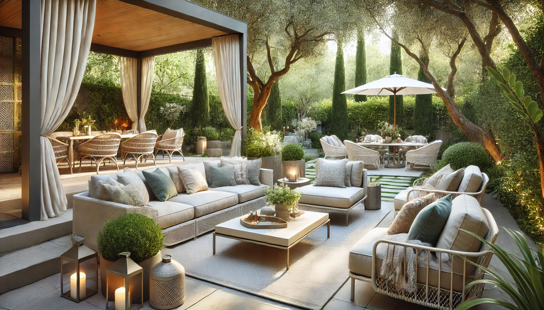 An outdoor room featuring modren colour, comfortable seating, elegant decor, and a cozy fireplace, surrounded by lush greenery in a modern garden.