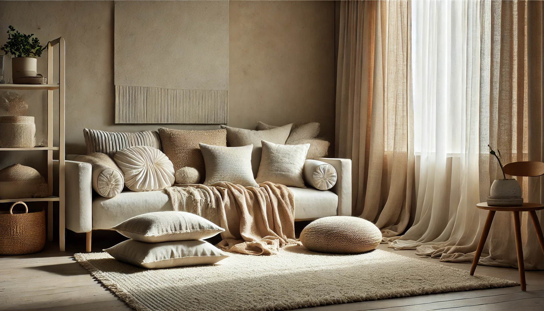 A minimalist living room with various textured fabrics.