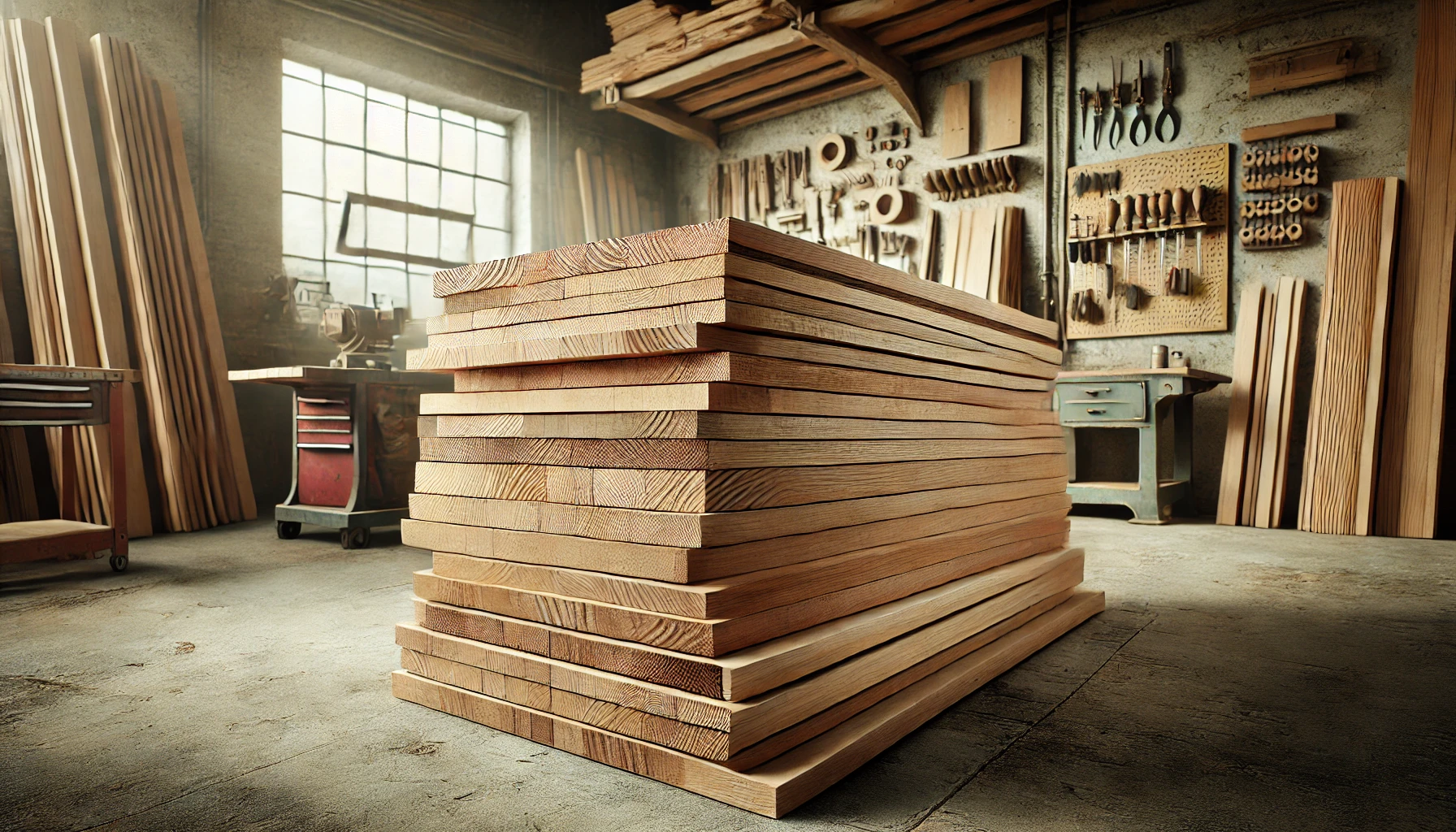A pile of large 8x4 wooden boards stacked in a workshop setting.