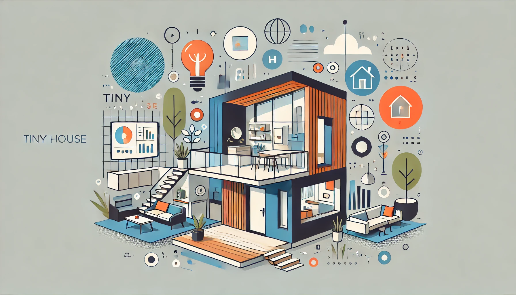 Illustration of a tiny house plan with modern colors and clean lines, depicting compact design.