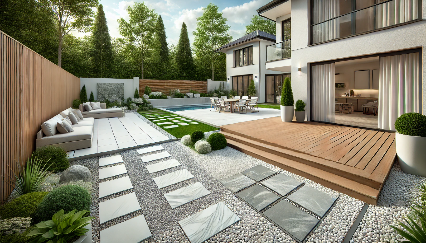 Various concrete patio alternatives such as gravel patios, wood decking, and natural stone.