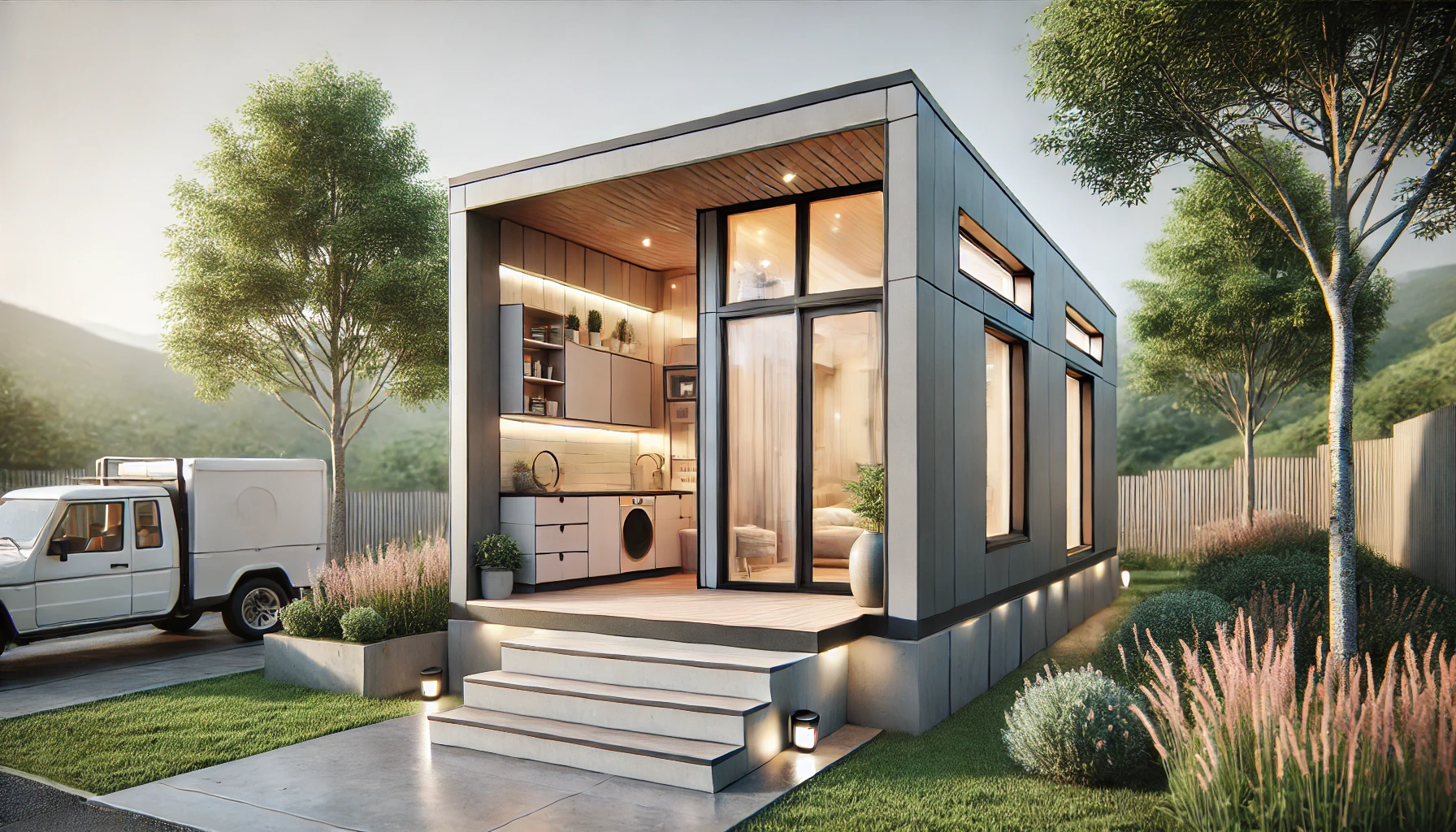 Realistic modern tiny house with contemporary design, subtle colors, large windows, and eco-friendly materials in a serene environment.