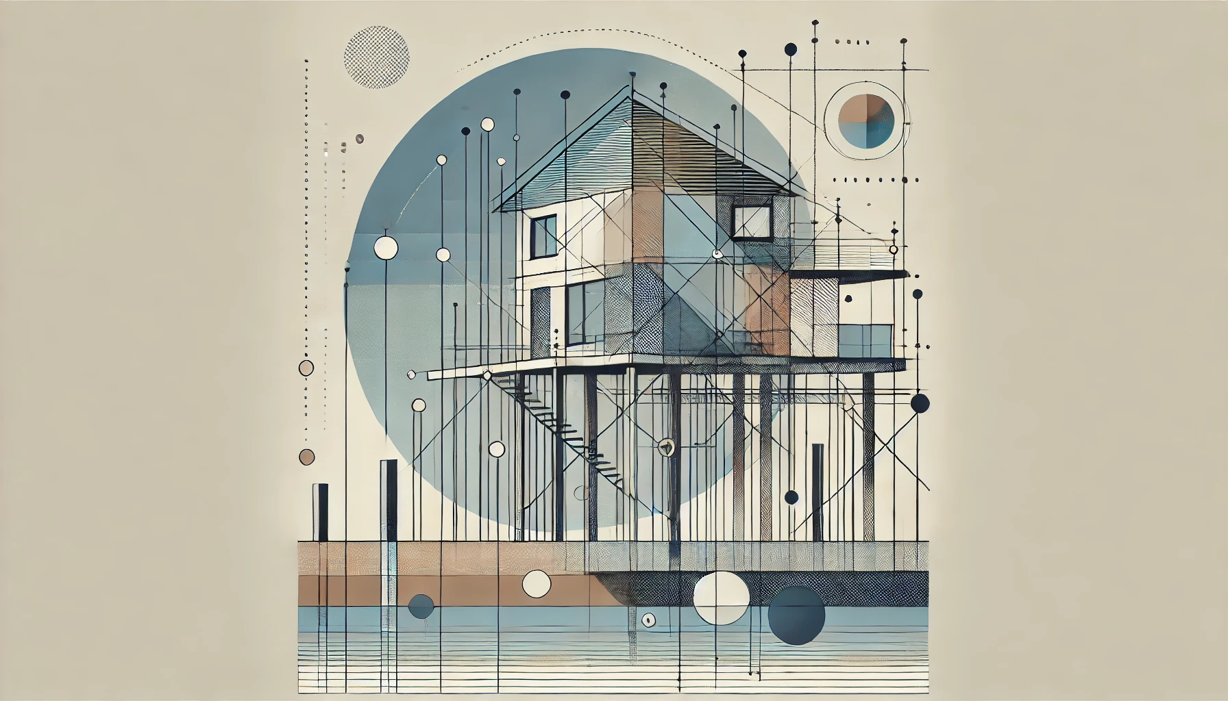 Conceptual representation of raising a house on pilings with elements depicting elevation and stability.