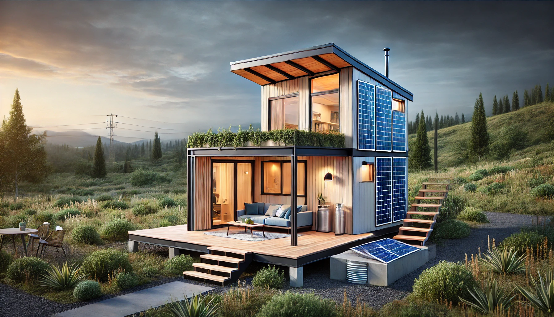 Realistic off-grid tiny house with solar panels, rainwater collection, and eco-friendly materials set in a remote, natural environment.
