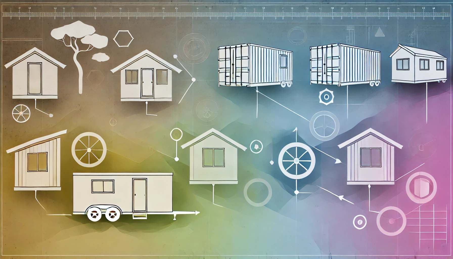 Illustration of different tiny house types, showcasing designs like traditional on wheels, container homes, and treehouses.