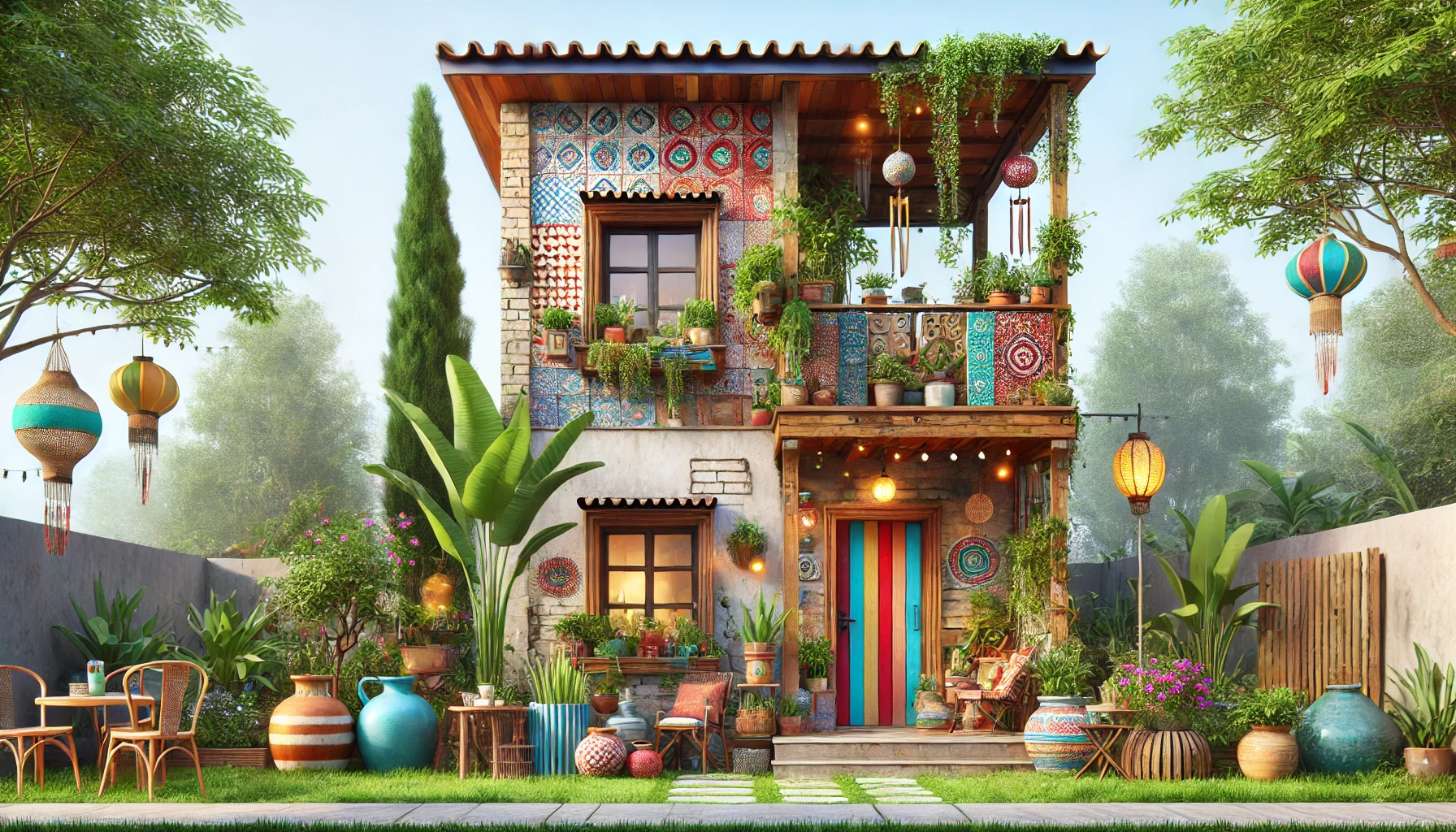 An exterior of a Bohemian-style house featuring a mix of wood, stone, and brick materials. 