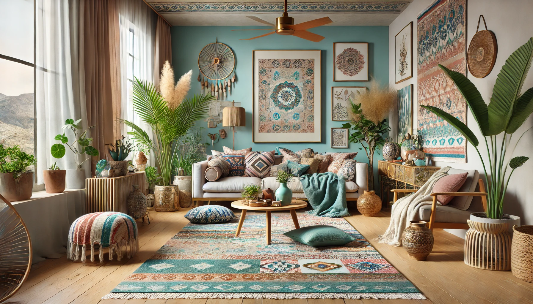Bohemian living room: vintage and modern furniture, vibrant rugs, and plants.