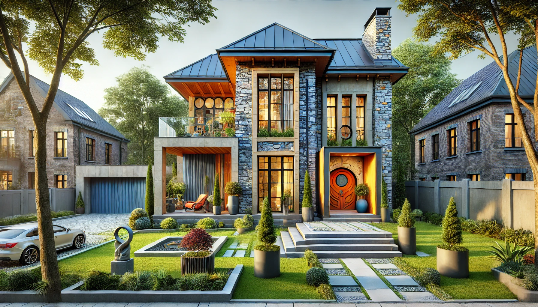 An exterior of an Eclectic-style house featuring a mix of materials such as stone, wood, and metal.