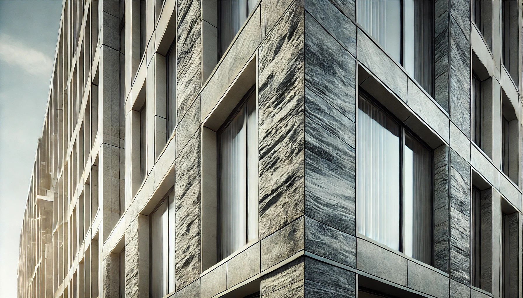 A close-up image of the exterior of a modern building, featuring stone cladding.