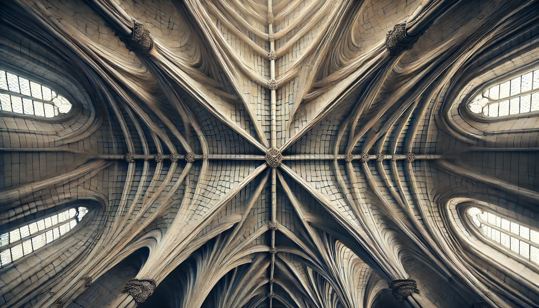 Close-up of a groin vault ceiling, showcasing the intersection of barrel vaults with detailed stone ribbing.