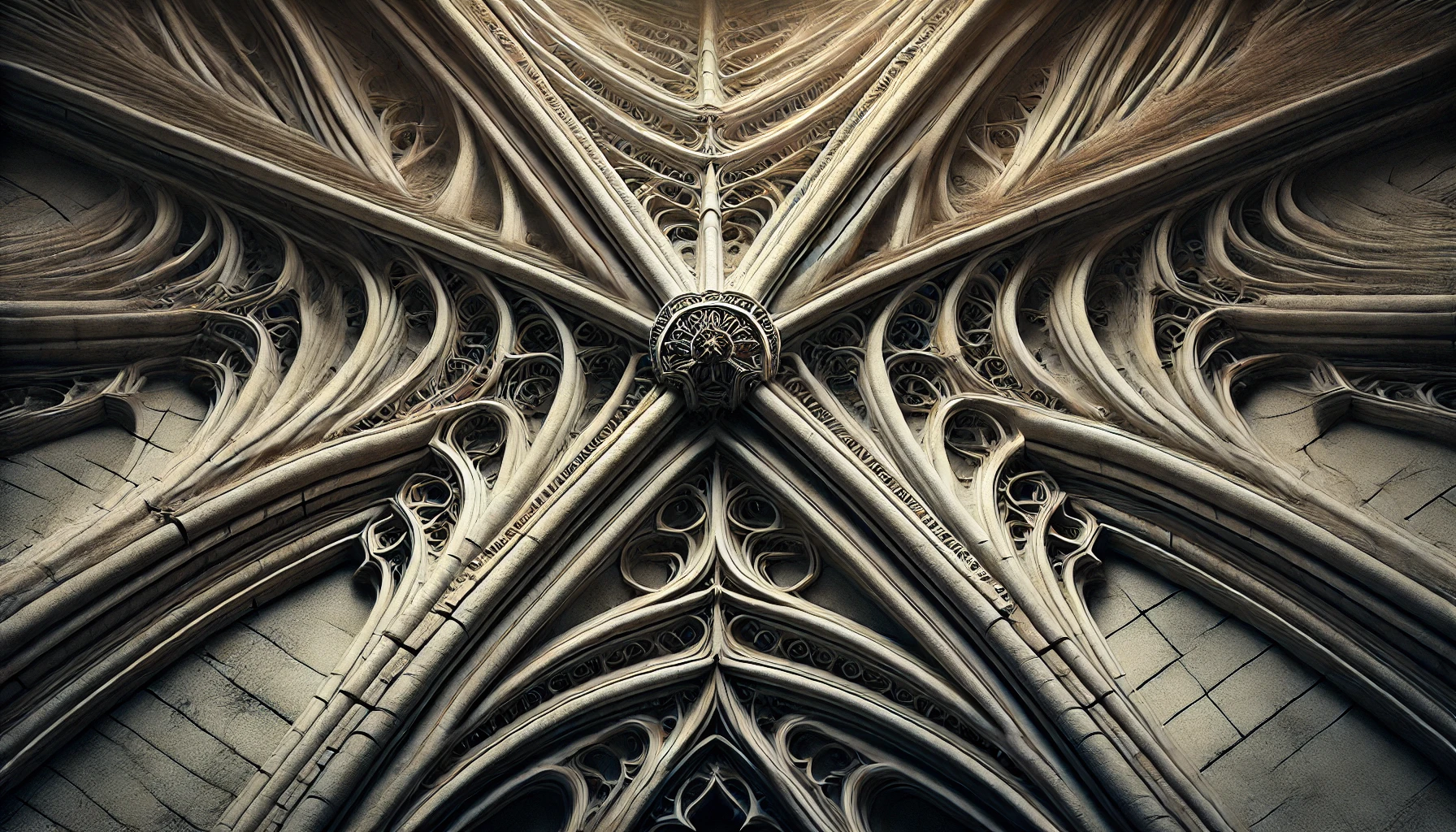 Close-up of a Gothic vault rib intersection, highlighting fine carvings and intricate stone details.