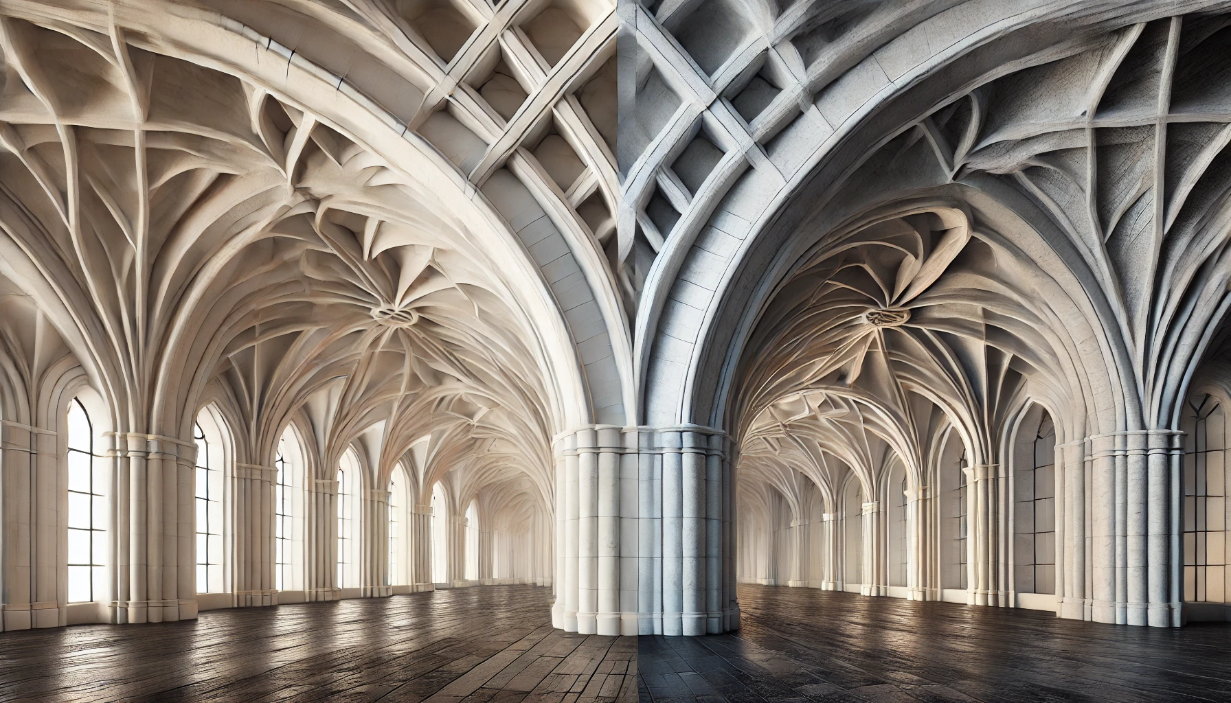 Architectural comparison between a groin vault and a barrel vault, showcasing the unique characteristics of both structures.