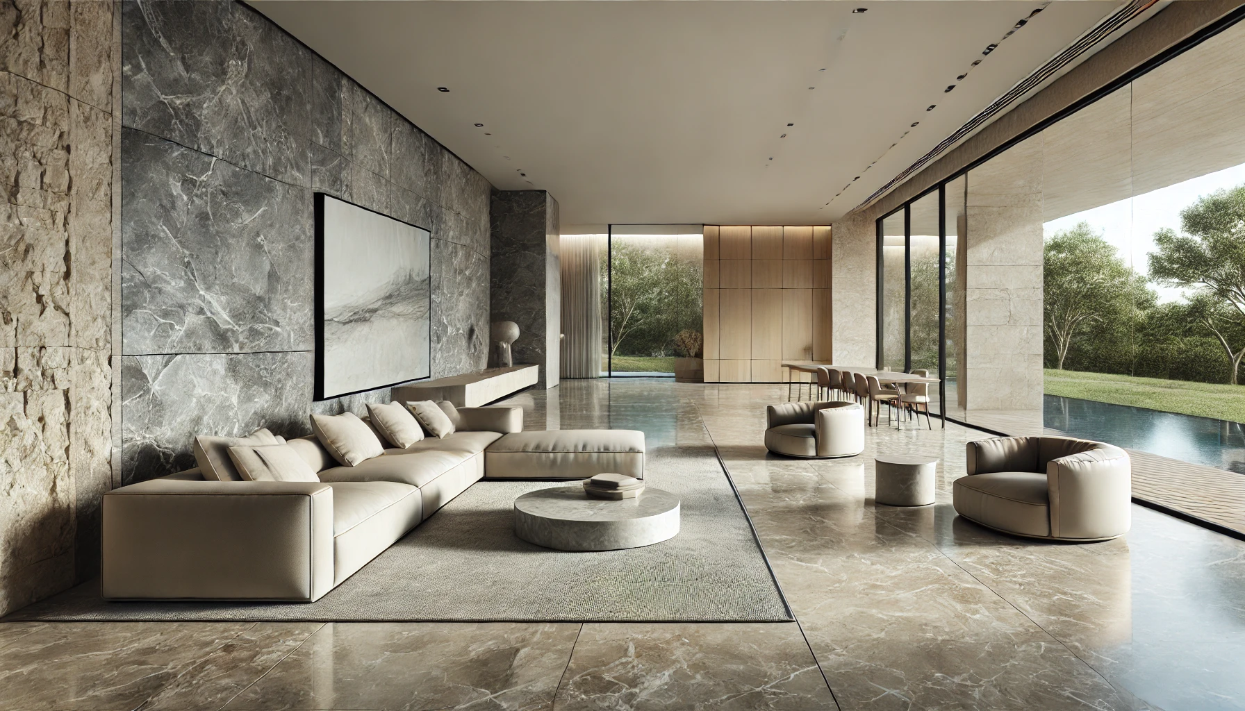 Showcasing the interior design of a modern home featuring stone elements. 