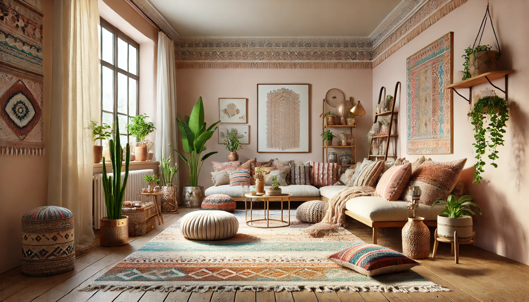 Bohemian-style interior with a modern twist: eclectic furniture, vibrant decor.ectic mix of furniture.