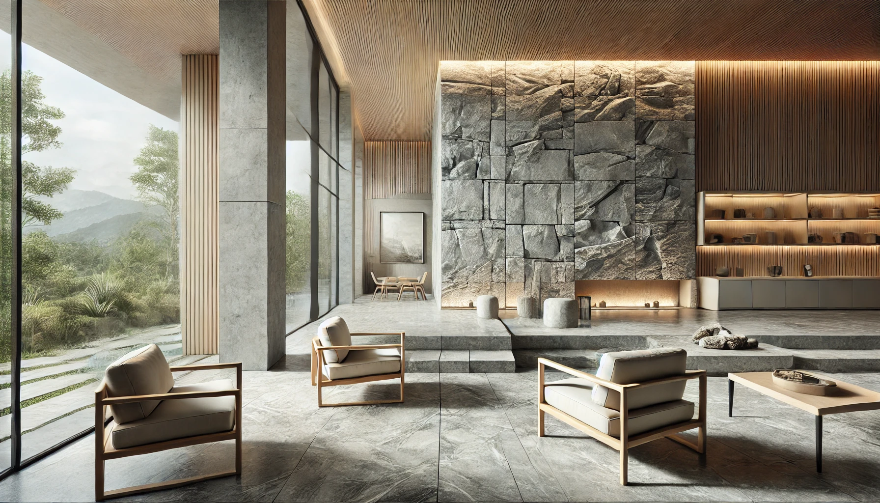 A modern interior space featuring stone in its design. 