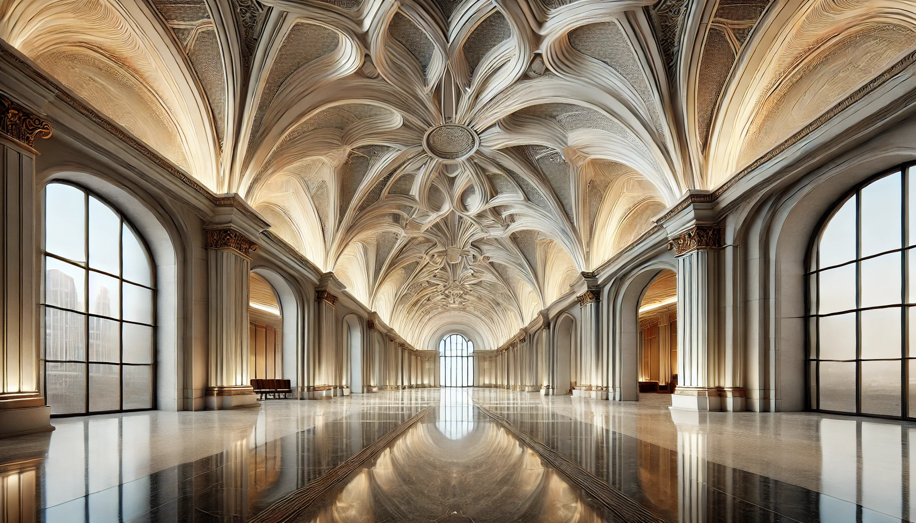 Modern building interior featuring a groin vault ceiling. 